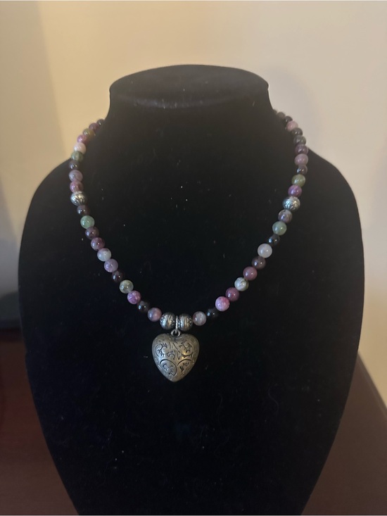 Hand Crafted Jewelry - Hand Crafted Tourmaline with a Vintage Sterling Silver  Heart Pendant and Beads